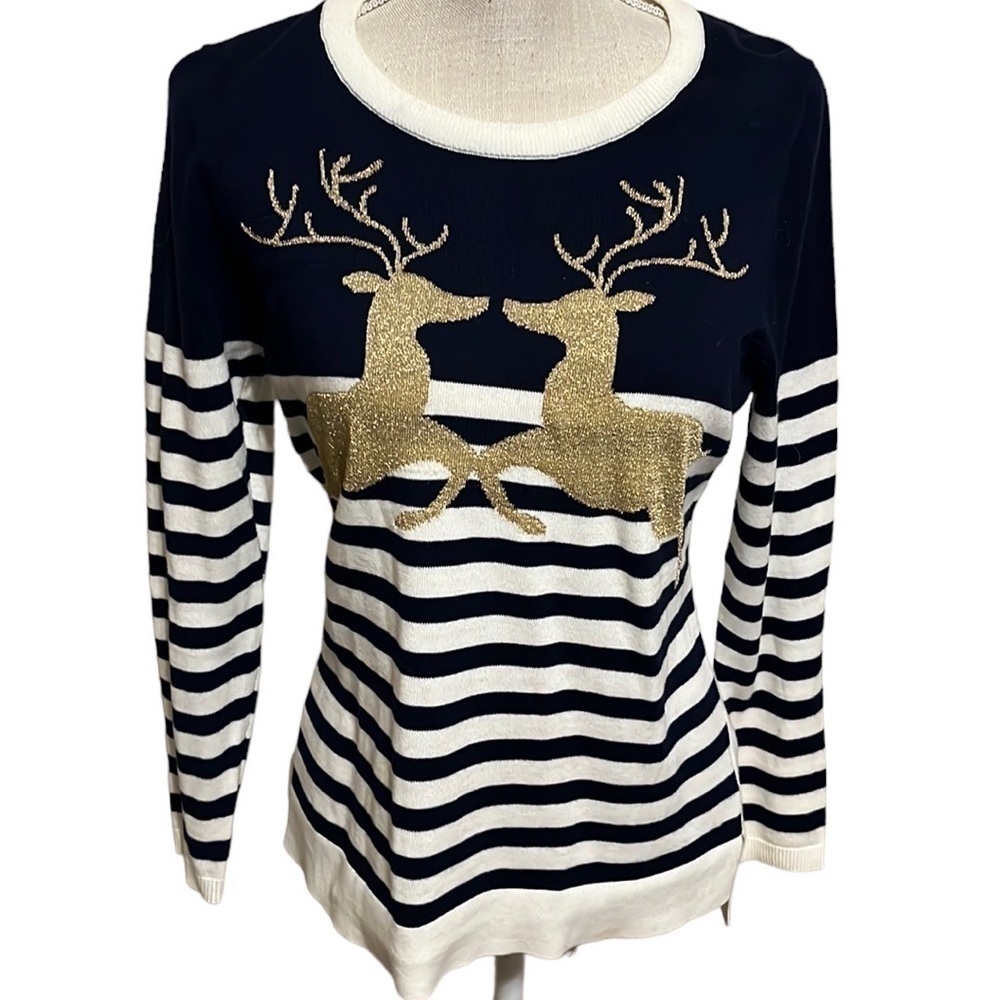 Reindeer Christmas t shirt. Sz PM, navy/white/gold